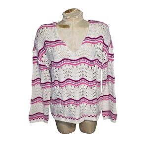 Loft Womens Sweater Knit Size Medium Pink‎ White striped v neck